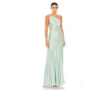 Mac Duggal One-Shoulder Sage Green Satin Maxi Dress